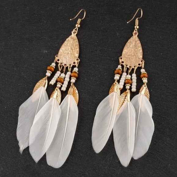 Gold & white Boho feather earrings beaded tassel long drop festival 💖2/$30 - Picture 9 of 11